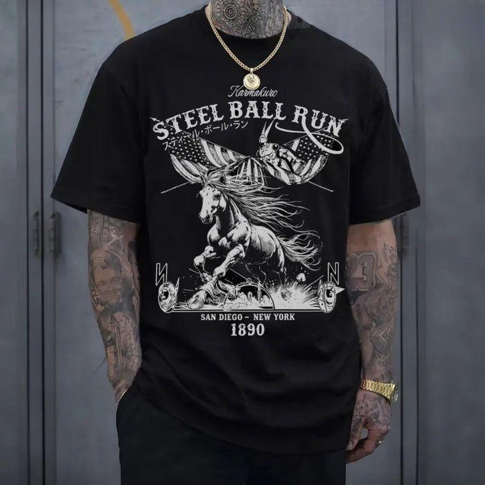 "Steel Ball Run" Horse Racing American Flag T-Shirt – Western Manga Graphic Tee, Premium 100% Cotton Cowboy Adventure Top, Made in USA