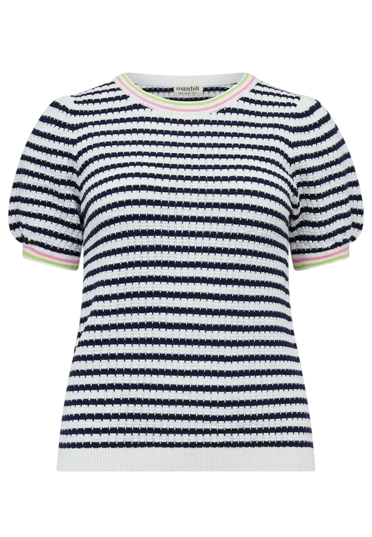 SUGAR HILL BRIGHTON MAGGIE TOP CORALINE KNOT TOP OFF WHITE/NAVY. NAUTICAL STRIPE