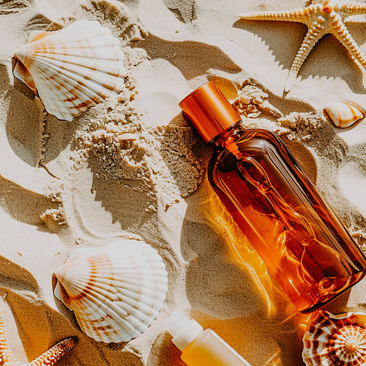 A bottle of suntanning oil lying on a sandy surface surrounded by seashells and a starfish, suggesting a beach-themed setting.