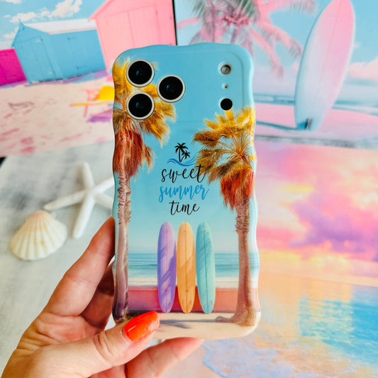 Trendy wavy iPhone case featuring a beach scene with palm trees, surfboards, and "sweet summer time" text with a high-gloss finish.