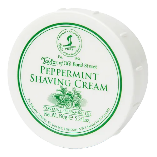 Taylor of Old Bond Street barberkrem i skål med pepermint, hvit boks med grønn etikett