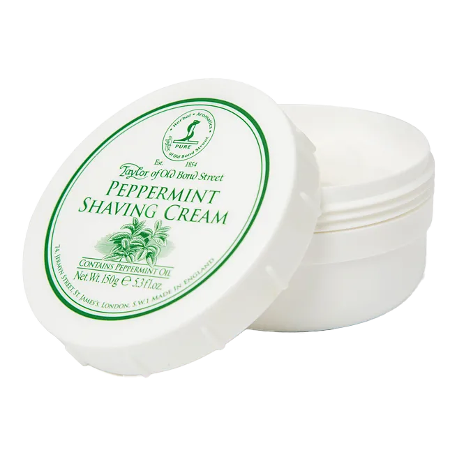 Flere Taylor of Old Bond Street peppermint shaving cream skåler, hvit emballasje og lokk