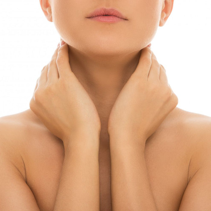 White woman hands on neck.
Best lifting and tightening neck cream. Dermal Essentials Medical Grade Skincare.