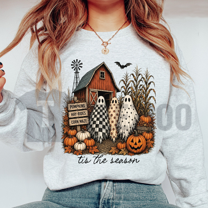 Front view of Tis The Season Ghost Trio Pumpkin Patch Halloween Sweatshirt - teezioo