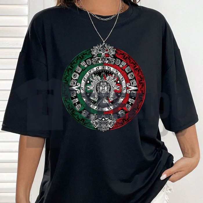 Vintage Aztec Calendar T-Shirt – Mexican Flag Sun Stone Graphic Tee