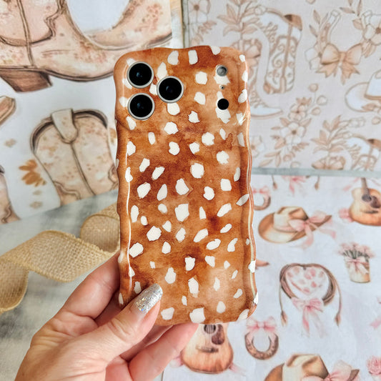 Whiskey Fawn pattern MagSafe phone grip ring with watercolor brown base and creamy white deer spots compatible with iPhone and Samsung
