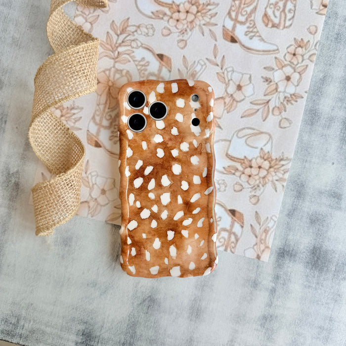 Whiskey Fawn pattern MagSafe phone grip ring with watercolor brown base and creamy white deer spots compatible with iPhone and Samsung