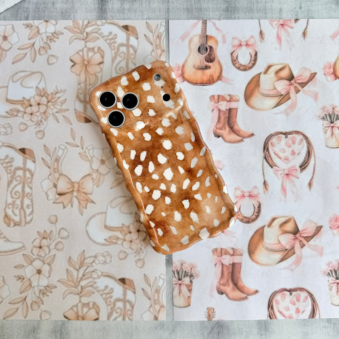 Whiskey Fawn pattern MagSafe phone grip ring with watercolor brown base and creamy white deer spots compatible with iPhone and Samsung