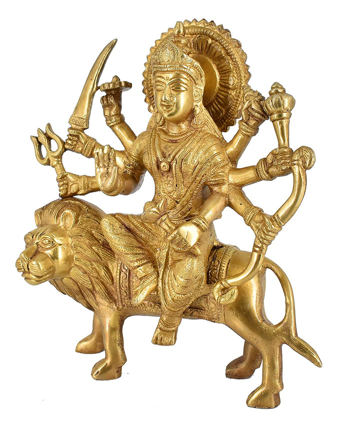 White Whale Brass Maa Durga/Ma Sherwali Idol Sitting On Lion Murti Religious Strength God Sculpture Idol