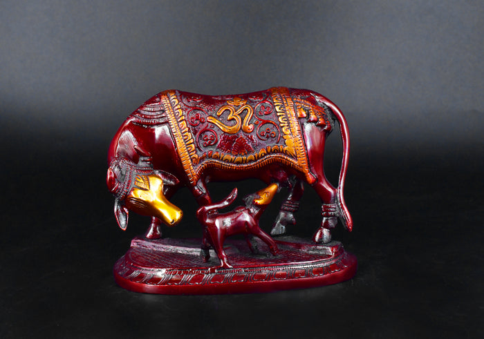 White Whale Kamdhenu Cow & Baby Cow Brass Statue Religious Strength Sculpture Idol