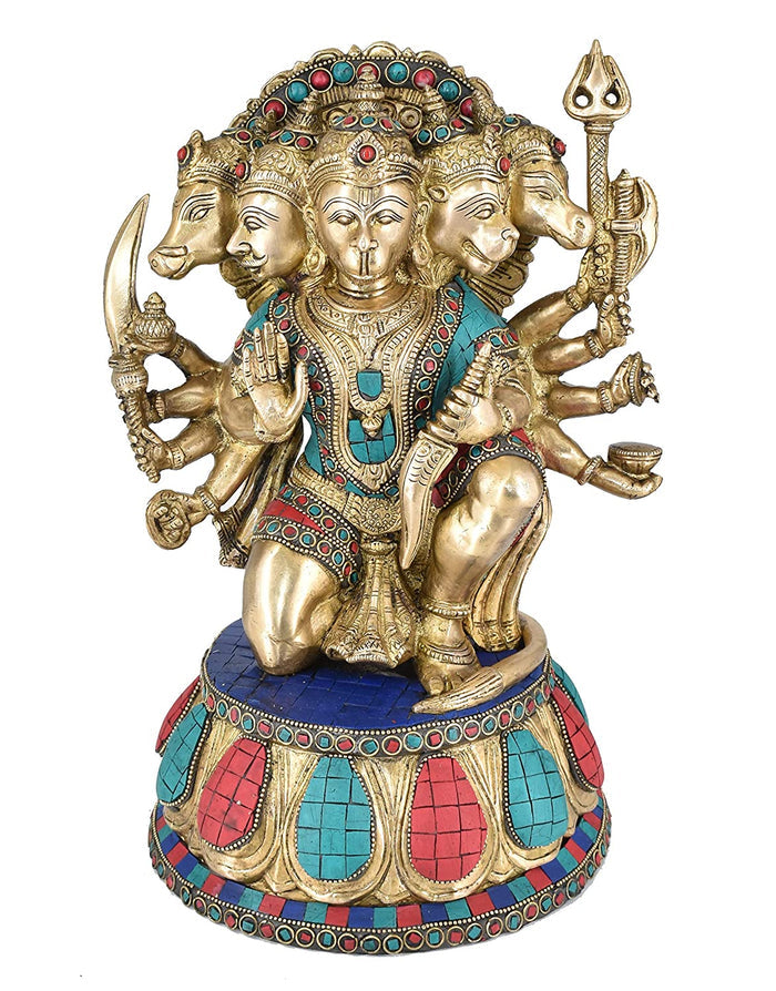 White Whale Large Unique Five Face Panchmukhi Hanuman Brass Statue Inlay Gemstone Hand Work Big Hindu God Lord Idol Figure