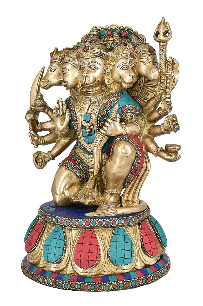 White Whale Large Unique Five Face Panchmukhi Hanuman Brass Statue Inlay Gemstone Hand Work Big Hindu God Lord Idol Figure