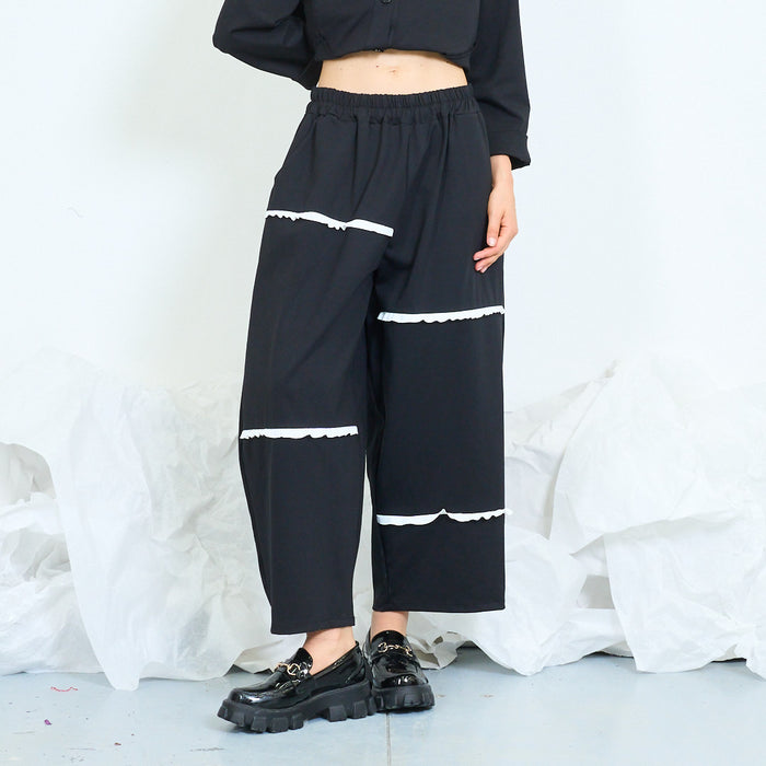 Wide leg trousers with contrast ruffle panels wholesale