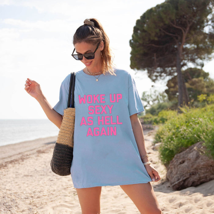 "Woke Up As Hell" Funny Sarcastic Morning Mood T-Shirt – Urban Streetwear Aesthetic Graphic Top for Coffee Lovers & Late Sleepers