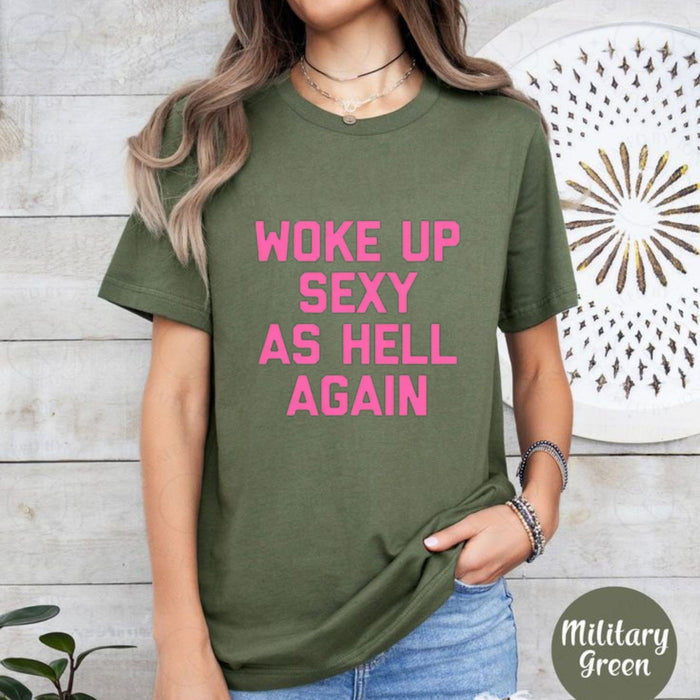 "Woke Up As Hell" Funny Sarcastic Morning Mood T-Shirt – Urban Streetwear Aesthetic Graphic Top for Coffee Lovers & Late Sleepers
