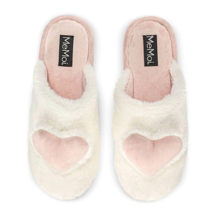 Pair of white fuzzy slippers with pink hearts and 'Memo' label on a white background
