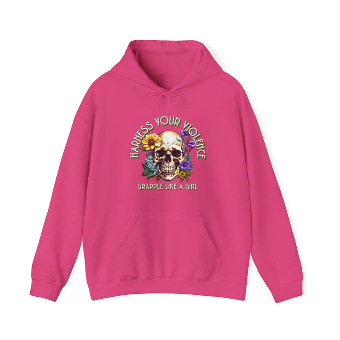 Pink hoodie with skull and floral design on a white background