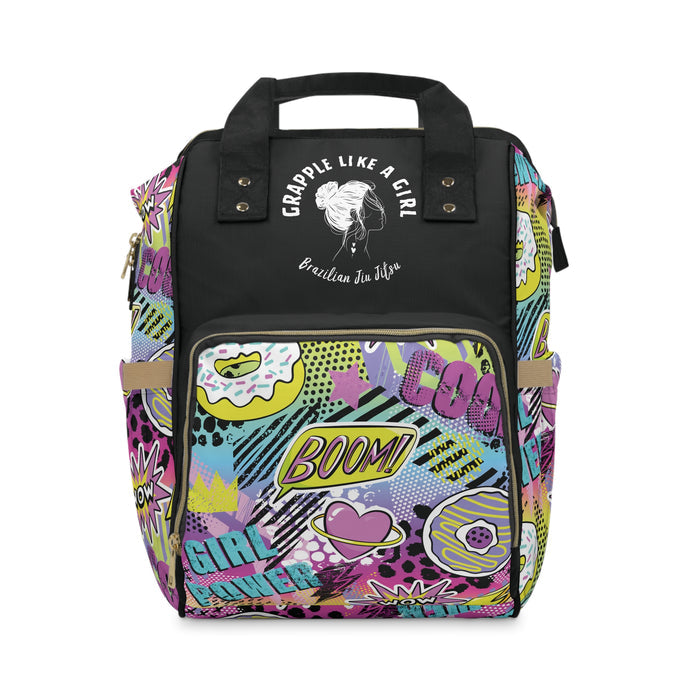Backpack with colorful graphic design and text on a white background