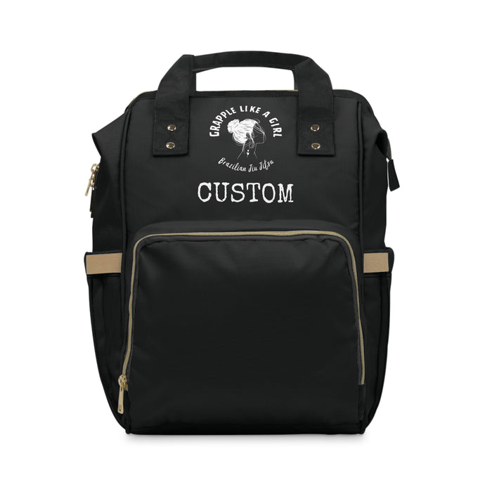 Black backpack with white text and graphics on a white background