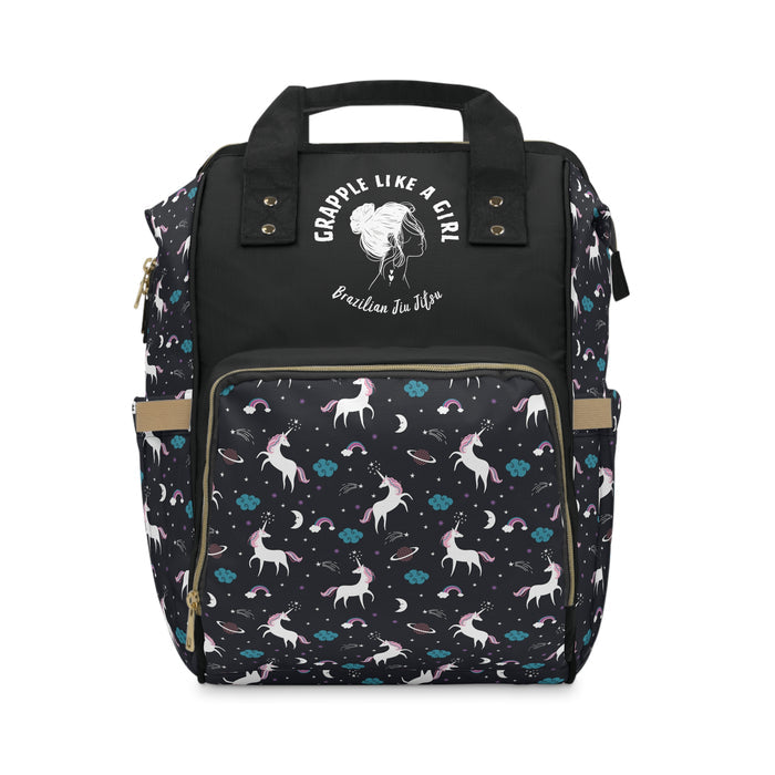 Backpack with unicorn pattern and visible brand logo on a white background