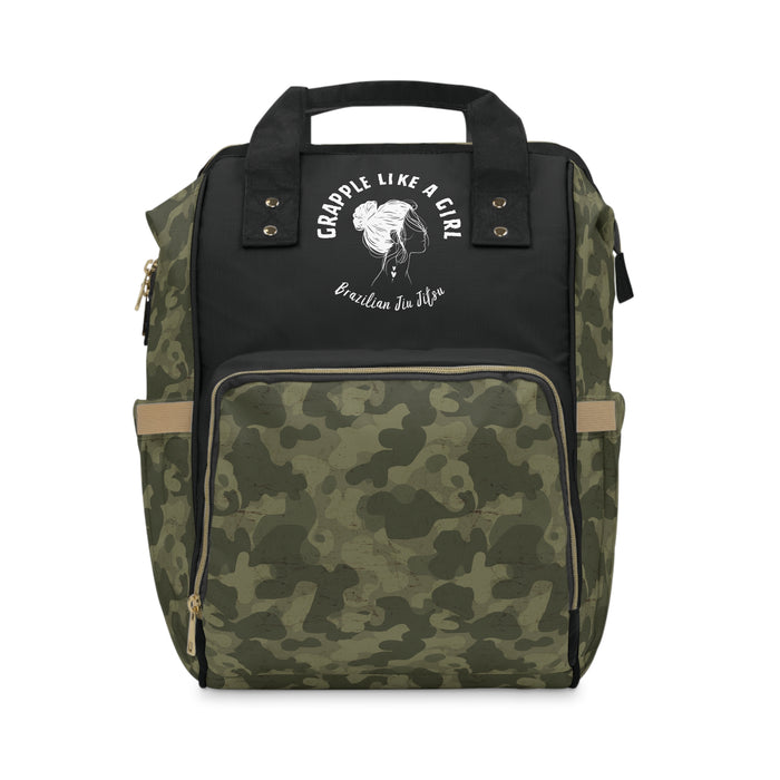 Camouflage backpack with black top section featuring text and graphics on a white background