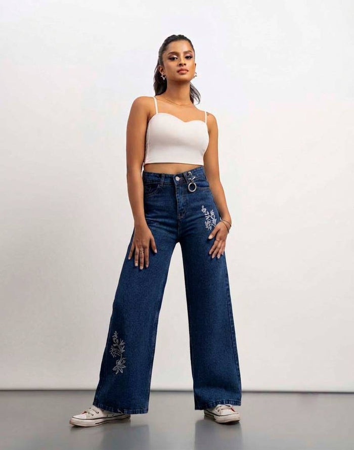 WOMEN'S WIDE LEG EMBROIDERED JEANS