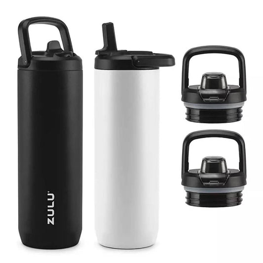 Zulu Base Stainless Steel Water Bottle , Includes 2 Extra Lids, Color Black/White - 24 Oz Each - 2 Pack